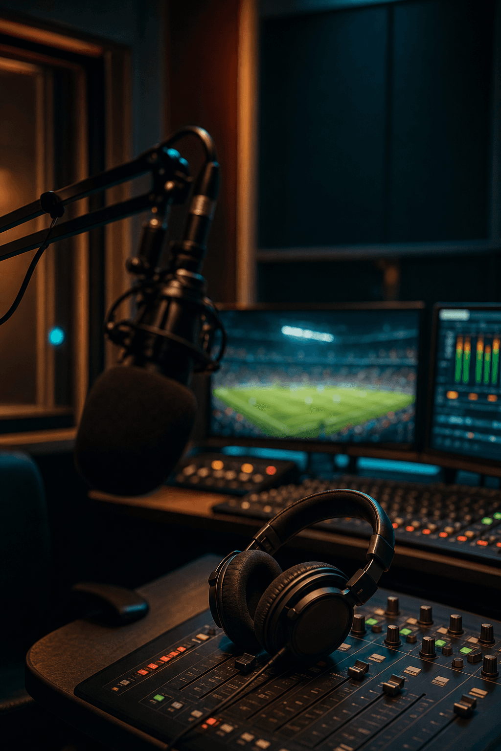 Professional broadcast studio setup with microphone and headphones bathed in warm amber and teal lighting — the calm before a soccer commentary session.