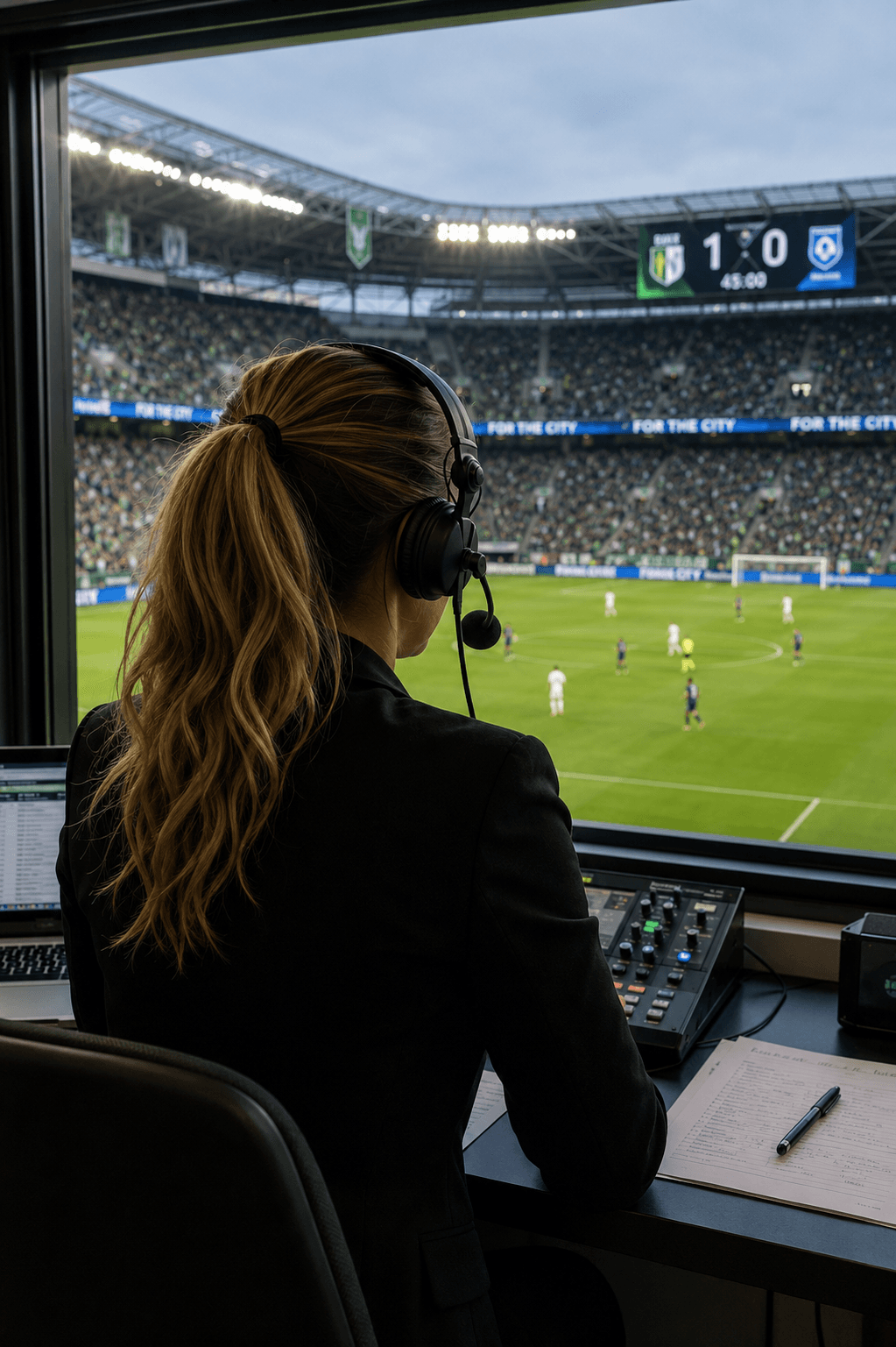 Female sports commentator wearing a headset overlooks a live soccer match from a broadcast booth.